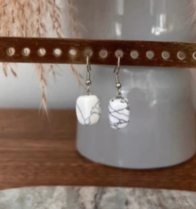 Boucles d'Oreilles Pendantes Howlite Turquoise Blanche Marbrée | Argentées Acier Inoxydable