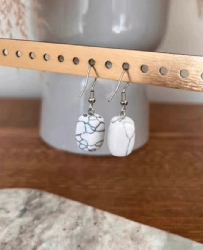 Boucles d'Oreilles Pendantes Howlite Turquoise Blanche Marbrée | Argentées Acier Inoxydable