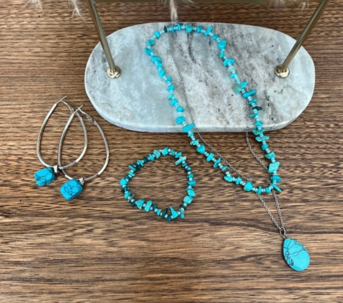 Parure Turquoise Naturelle 5 Pièces | Collier Goutte + Collier Perles + Créoles + Bracelet | Acier Inoxydable