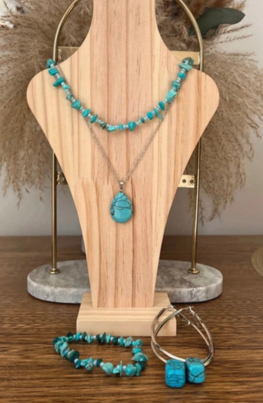 Parure Turquoise Naturelle 5 Pièces | Collier Goutte + Collier Perles + Créoles + Bracelet | Acier Inoxydable