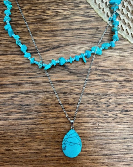 Parure Turquoise Naturelle 5 Pièces | Collier Goutte + Collier Perles + Créoles + Bracelet | Acier Inoxydable