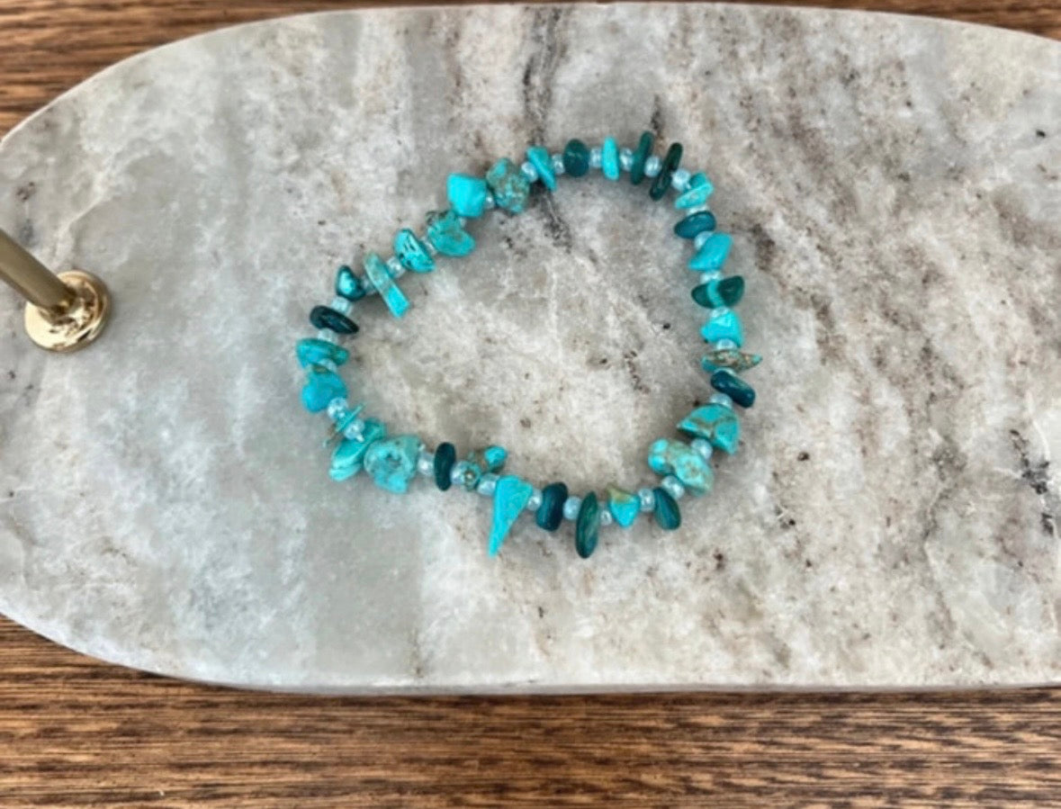 Parure Turquoise Naturelle 5 Pièces | Collier Goutte + Collier Perles + Créoles + Bracelet | Acier Inoxydable