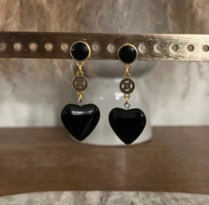 Boucles d'Oreilles Obsidienne Noire Cœur | Clous Ronds Noir & Or Acier Inoxydable