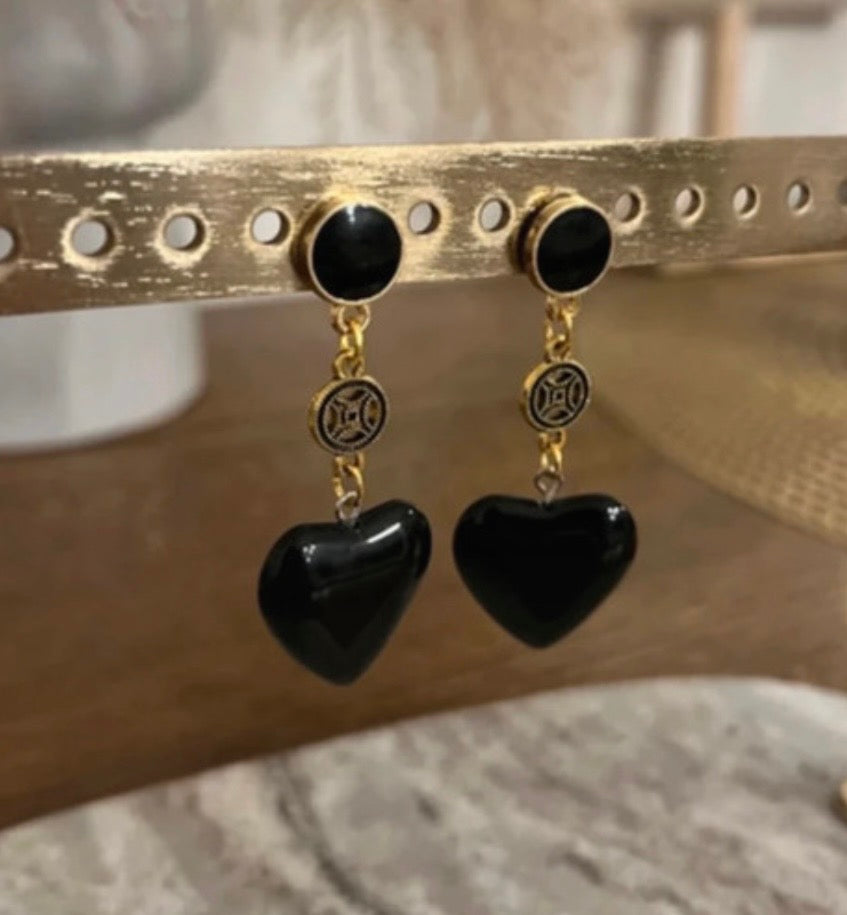 Boucles d'Oreilles Obsidienne Noire Cœur | Clous Ronds Noir & Or Acier Inoxydable