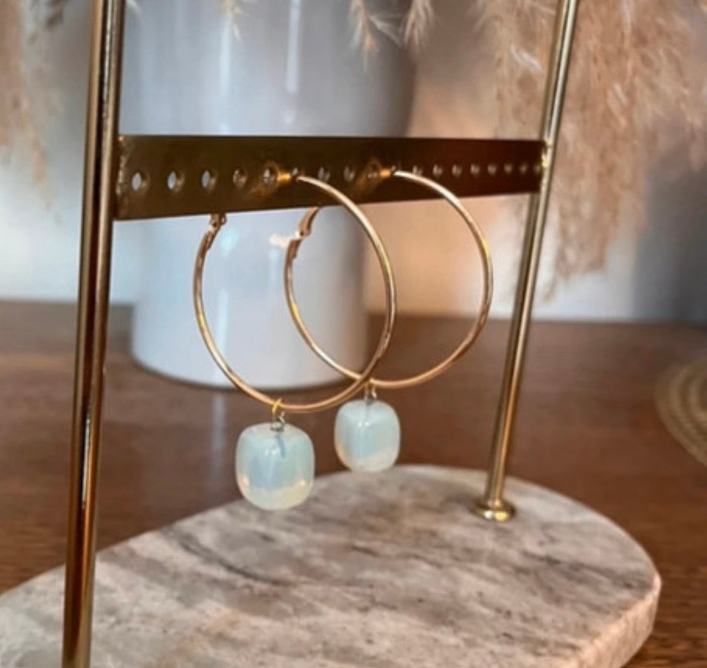 Boucles d'Oreilles Créoles Opaline Pierre Naturelle – Acier Inoxydable Argenté | Style Bohème