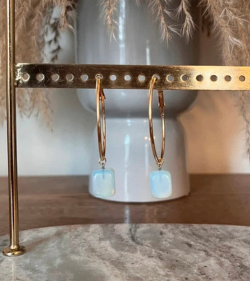 Boucles d'Oreilles Créoles Opaline Pierre Naturelle – Acier Inoxydable Argenté | Style Bohème