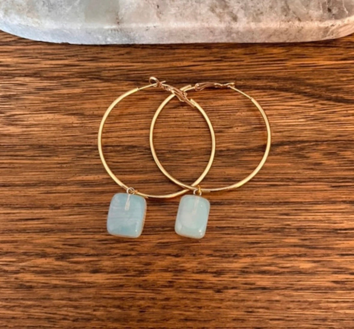 Boucles d'Oreilles Créoles Opaline Pierre Naturelle – Acier Inoxydable Argenté | Style Bohème