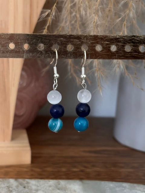 Boucles d'Oreilles Pendantes Nacre · Lapis Lazuli · Agate Bleue — Argent 925 | Pierres Naturelles