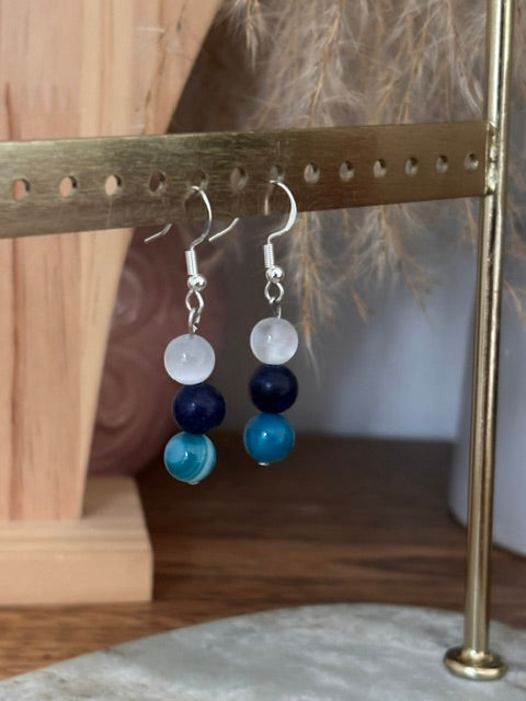 Boucles d'Oreilles Pendantes Nacre · Lapis Lazuli · Agate Bleue — Argent 925 | Pierres Naturelles