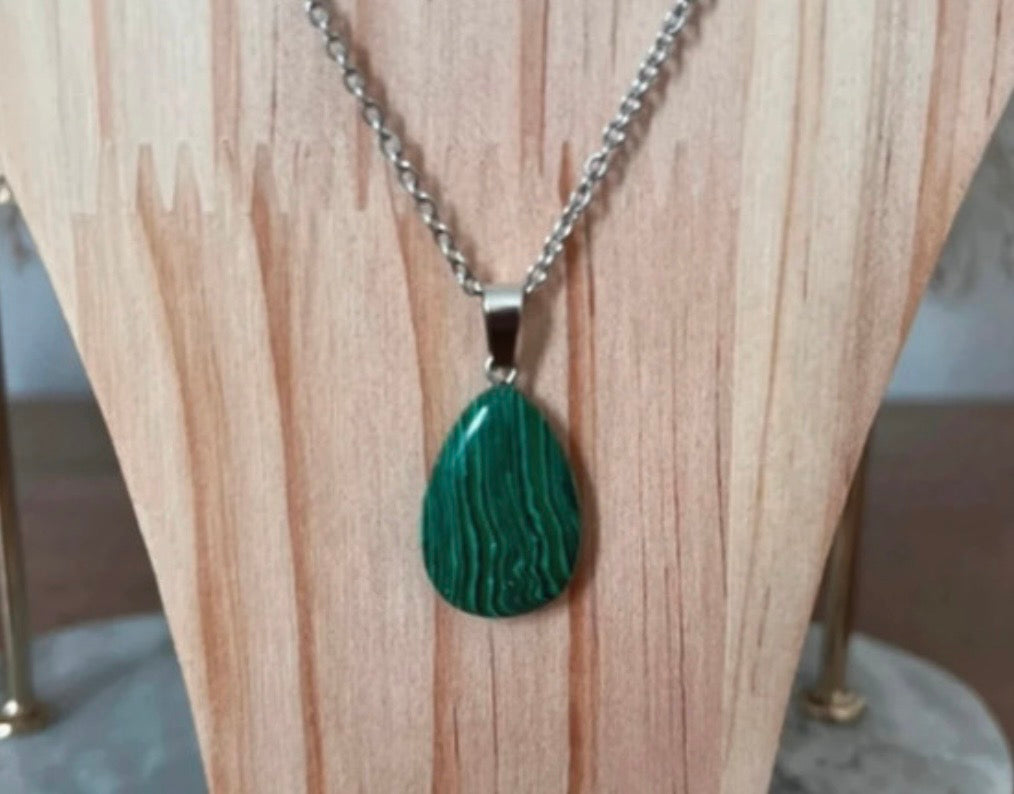Collier Pierre Malachite Naturelle — Chaîne Maillon Argentée Acier Inoxydable 316L 45 cm | Lithothérapie Bohème
