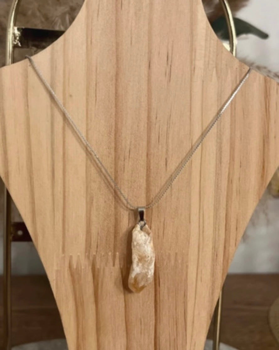 Collier Citrine Brute Pierre Naturelle — Chaîne Serpent Fine Argentée Acier 316L 60 cm | Lithothérapie Abondance