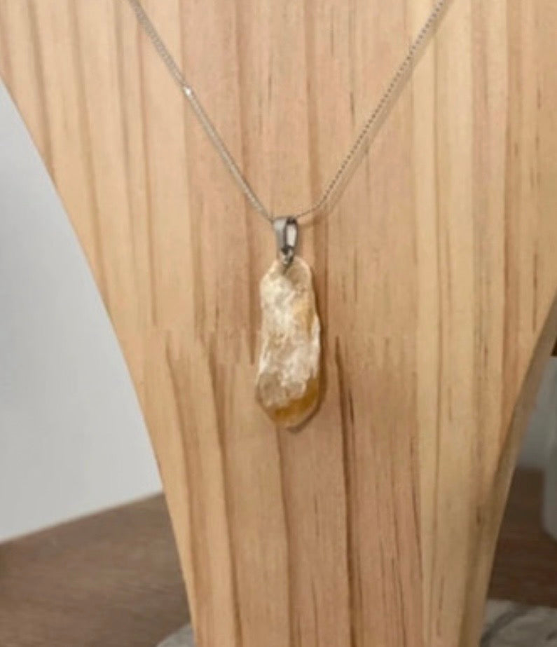 Collier Citrine Brute Pierre Naturelle — Chaîne Serpent Fine Argentée Acier 316L 60 cm | Lithothérapie Abondance