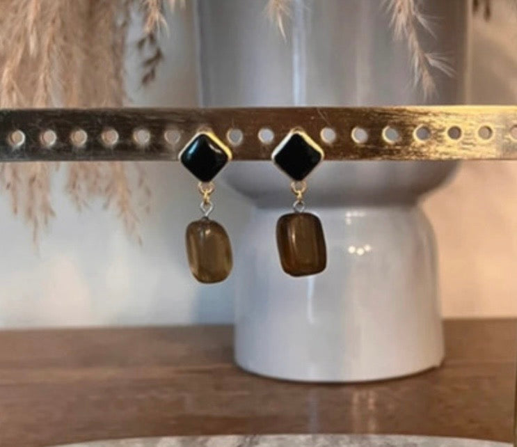 Boucles d'Oreilles Citrine Naturelle | Clous Losange Noir | Acier Inoxydable Hypoallergénique
