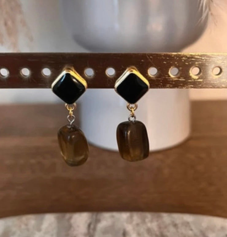Boucles d'Oreilles Citrine Naturelle | Clous Losange Noir | Acier Inoxydable Hypoallergénique