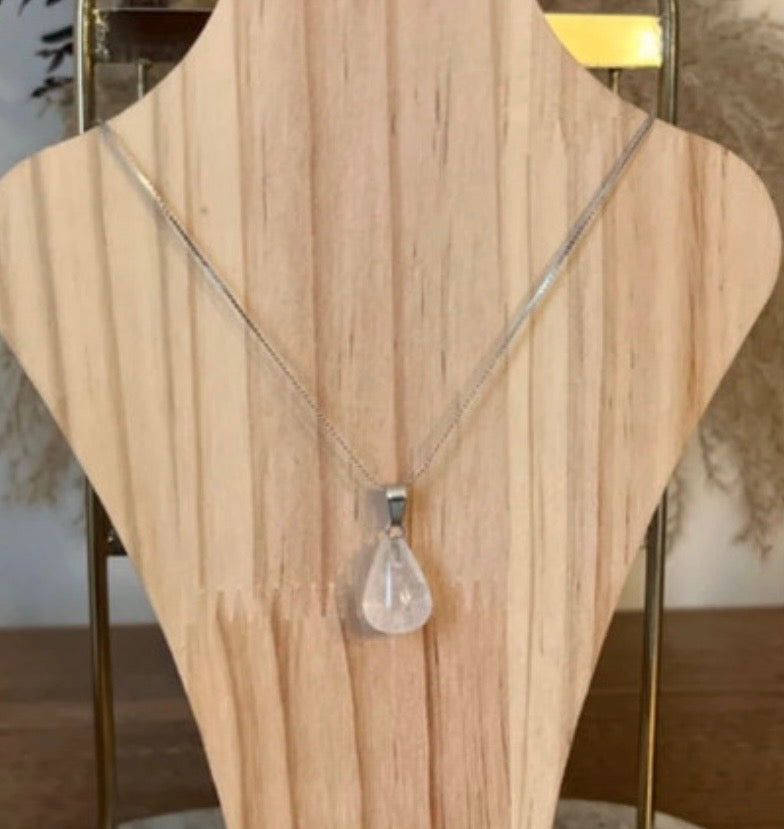 Collier Cristal de Roche | Chaîne Plate & Serpent Fine Argentée 60 cm | Acier Inoxydable