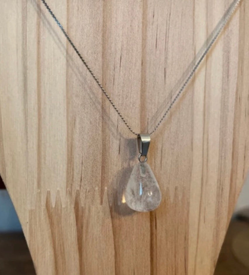 Collier Cristal de Roche | Chaîne Plate & Serpent Fine Argentée 60 cm | Acier Inoxydable