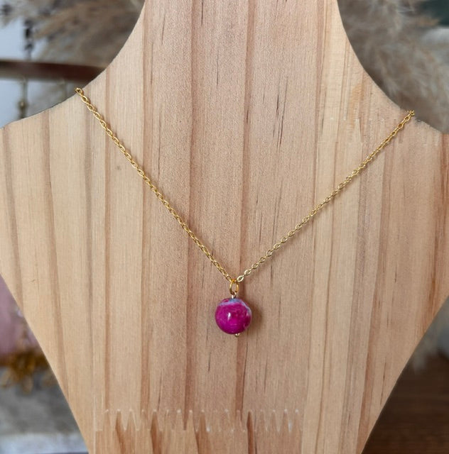 Collier Chaîne Dorée Acier Inoxydable 316L — Perle Pierre Agate Feu Naturelle