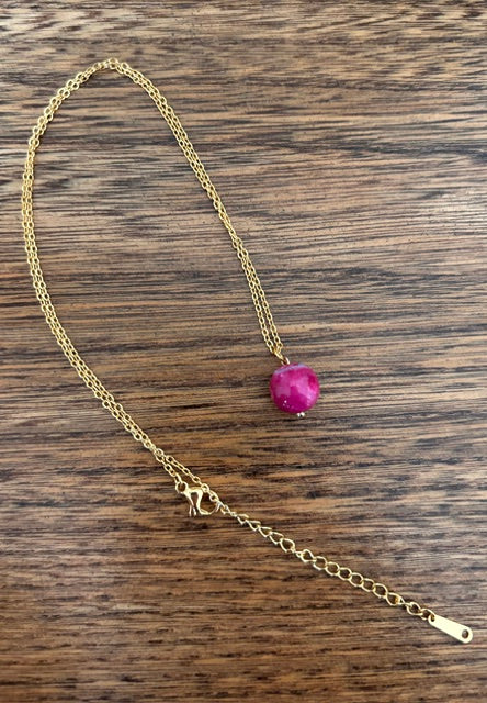 Collier Chaîne Dorée Acier Inoxydable 316L — Perle Pierre Agate Feu Naturelle