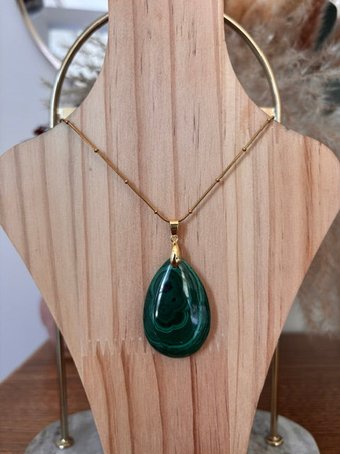 Collier Malachite Naturelle – Chaîne Perlée Dorée Inoxydable 45cm