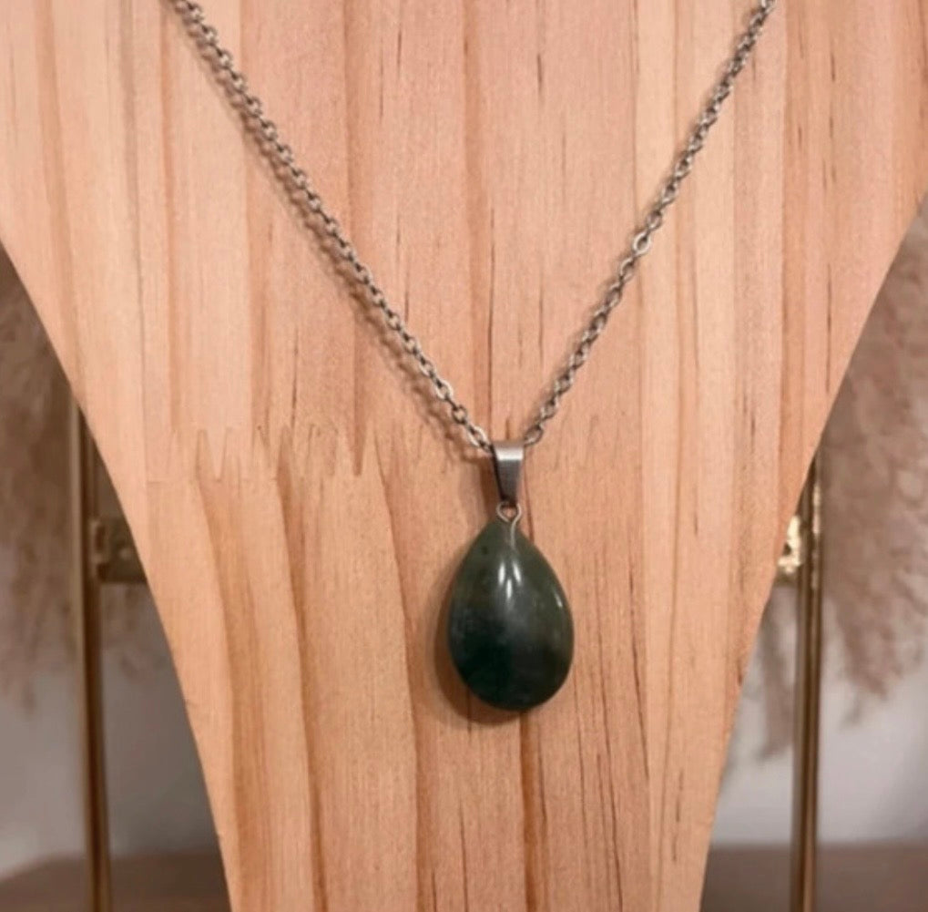 Collier Aventurine Verte – Chaîne Maillons Acier Inoxydable Argenté 45 cm