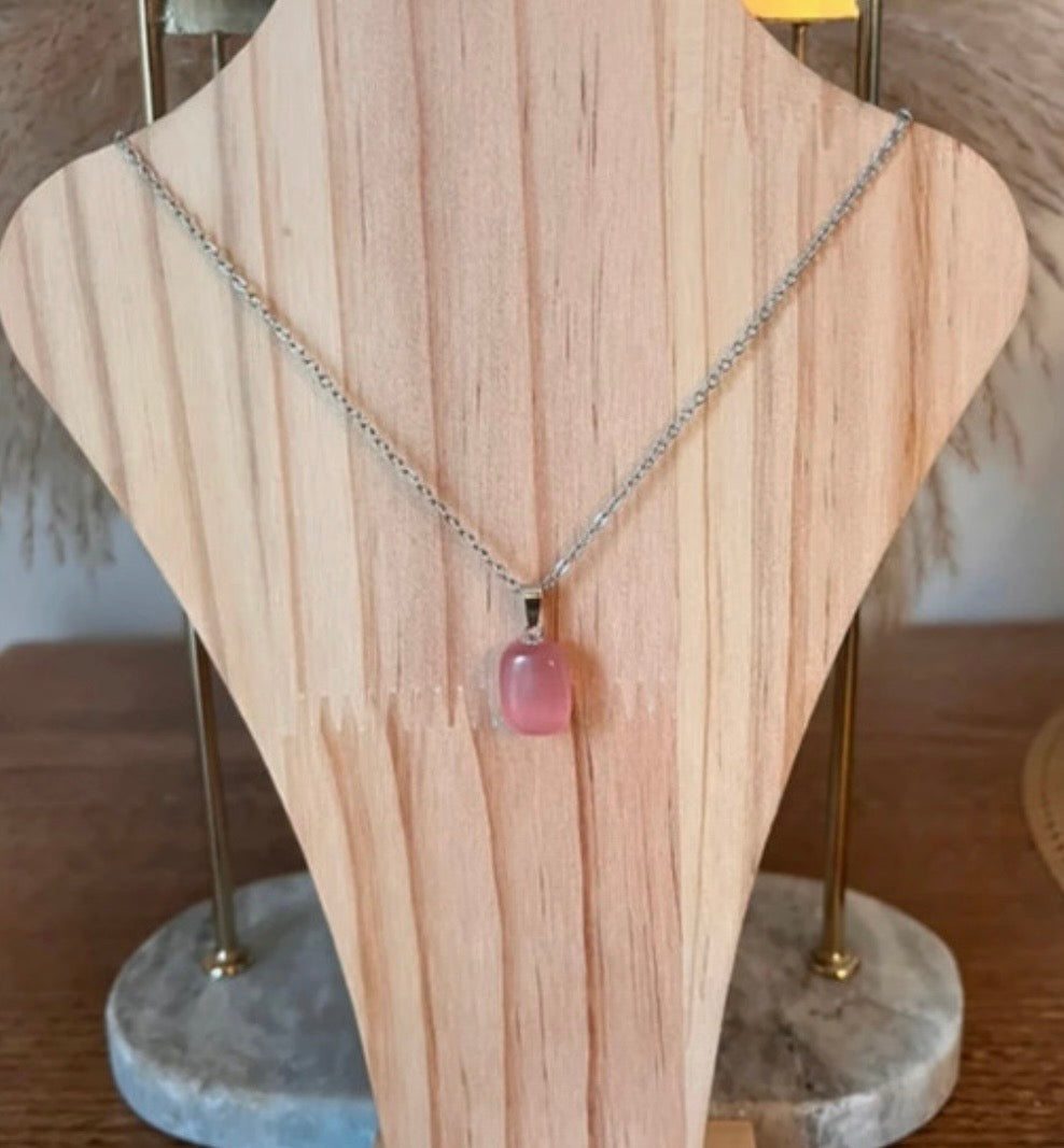 Collier Quartz Rose Bloc – Chaîne Maillons Acier Inoxydable Argenté 44 cm