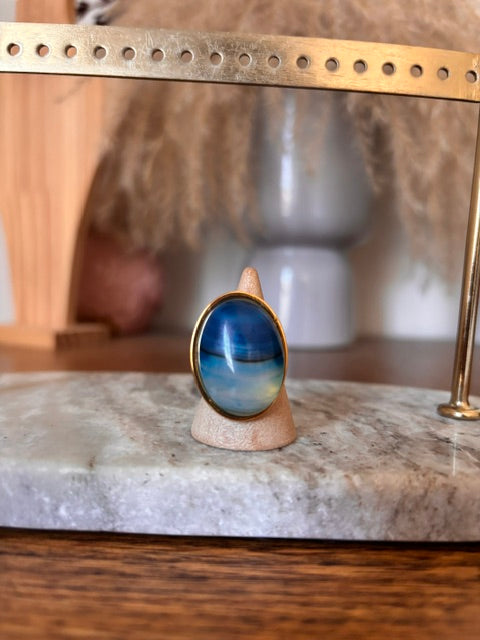 Bague Cabochon Aventurine Bleue Acier Inoxydable Dore Ajustable 18x25mm