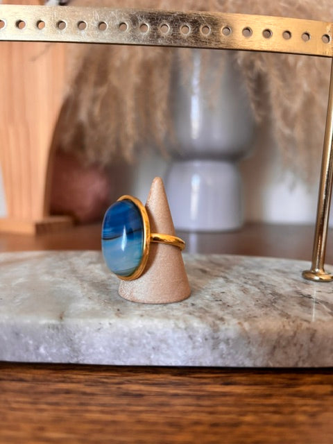 Bague Cabochon Aventurine Bleue Acier Inoxydable Dore Ajustable 18x25mm