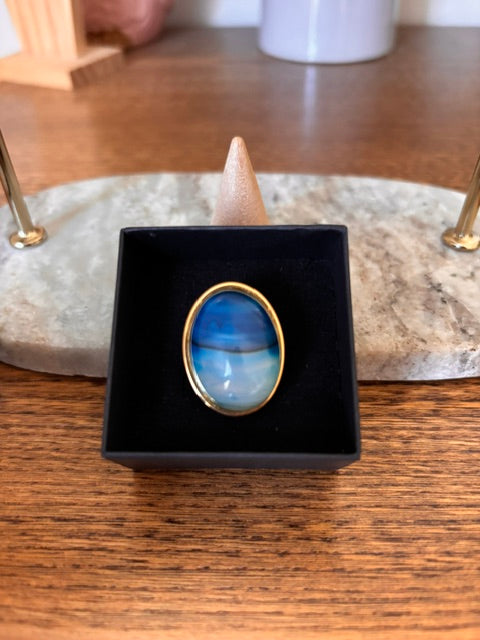 Bague Cabochon Aventurine Bleue Acier Inoxydable Dore Ajustable 18x25mm