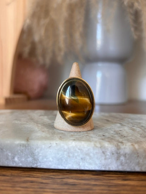 Bague Ajustable Œil de Tigre – Acier Inoxydable Doré 18×25 mm