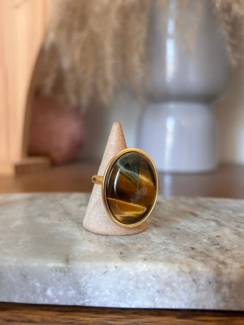 Bague Ajustable Œil de Tigre – Acier Inoxydable Doré 18×25 mm