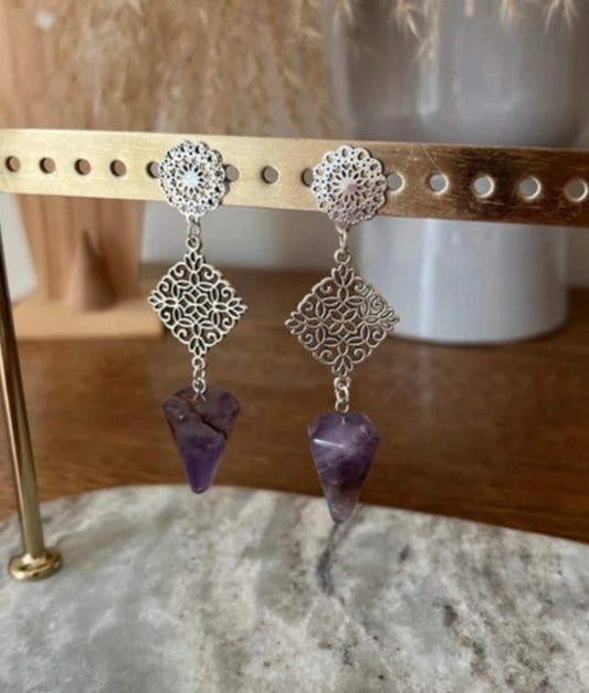 Boucles d’oreilles pendantes en acier argenté, breloque améthyste violette