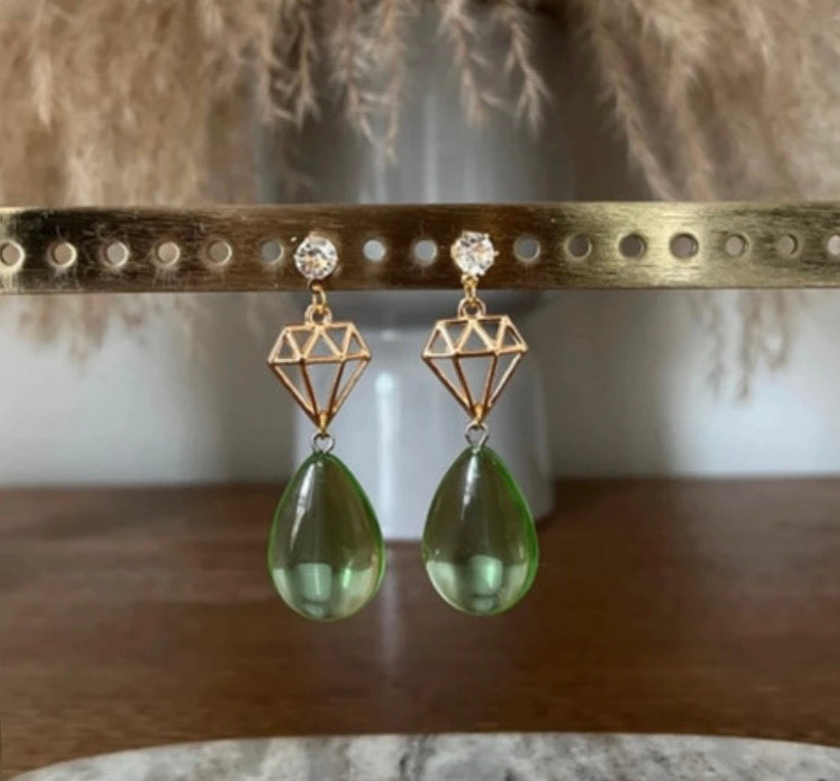 Clous d'Oreilles Dorés Acier Inoxydable – Breloque Diamant & Jade Vert Naturel Goutte