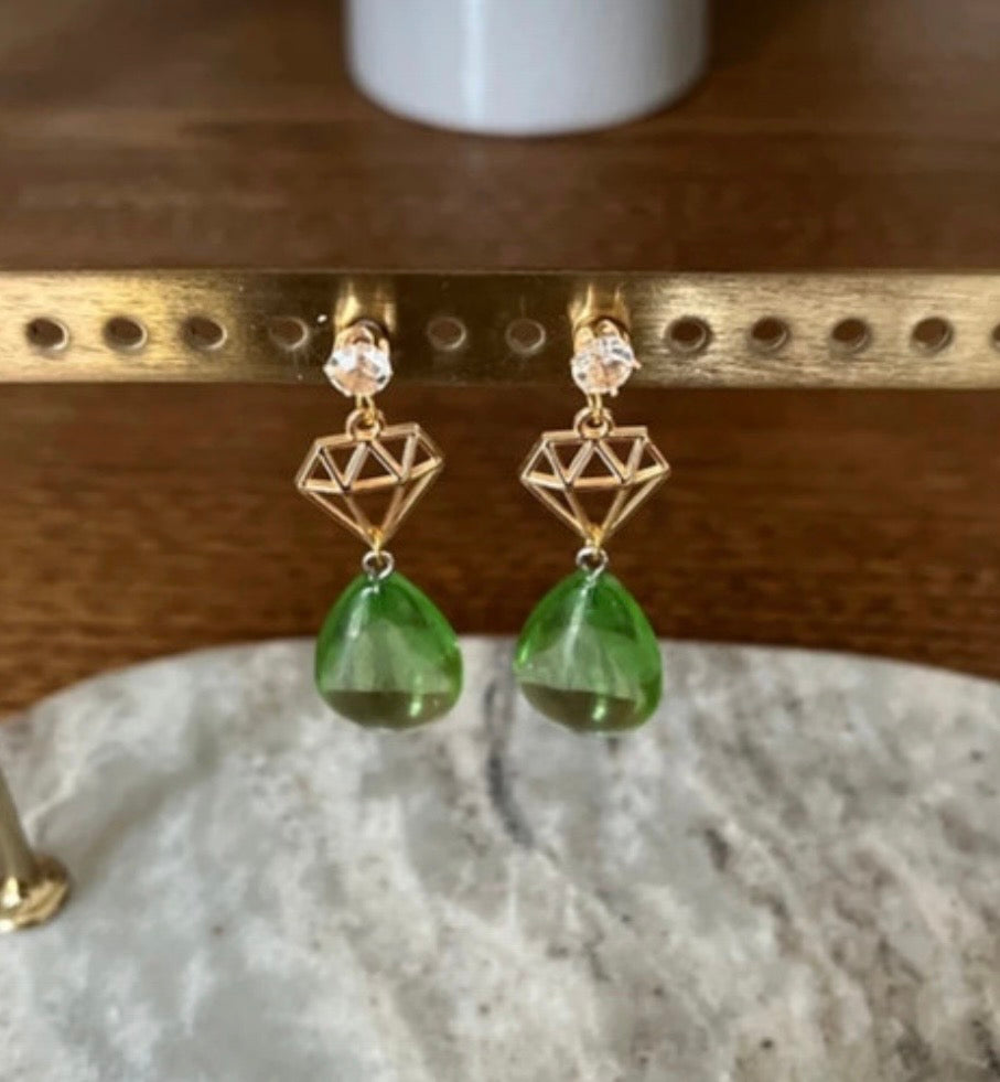 Clous d'Oreilles Dorés Acier Inoxydable – Breloque Diamant & Jade Vert Naturel Goutte
