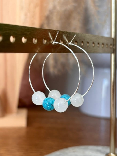 Créoles Argentées 35mm – Perles de Nacre & Turquoise Naturelle | Acier Inoxydable