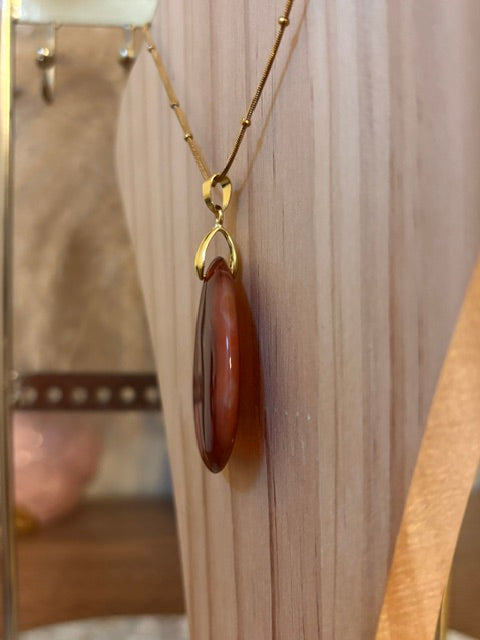 Collier Chaîne Dorée Perlée | Pendentif Agate du Botswana Goutte 30x40mm | Acier Inoxydable | Lithothérapie