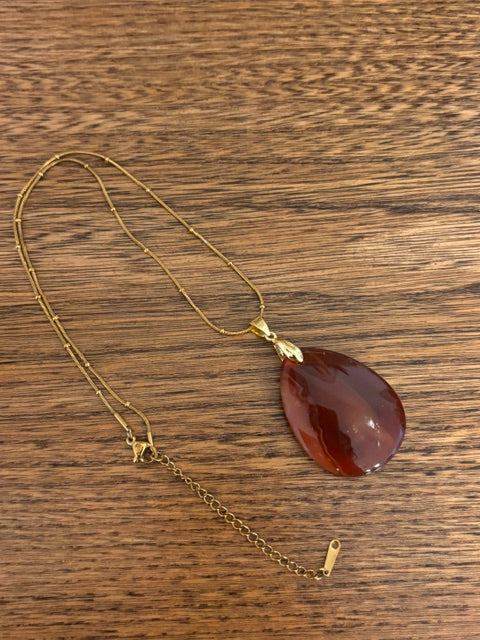 Collier Chaîne Dorée Perlée | Pendentif Agate du Botswana Goutte 30x40mm | Acier Inoxydable | Lithothérapie