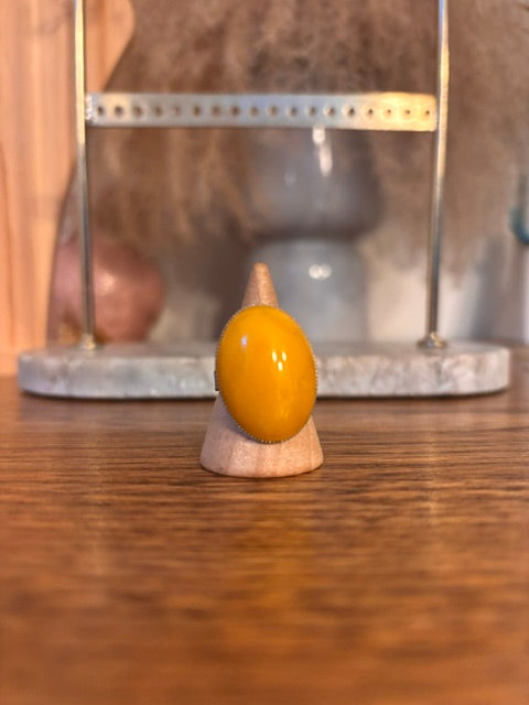 Bague Ambre Jaune – Monture Vintage Argentée Ajustable en Acier Inoxydable