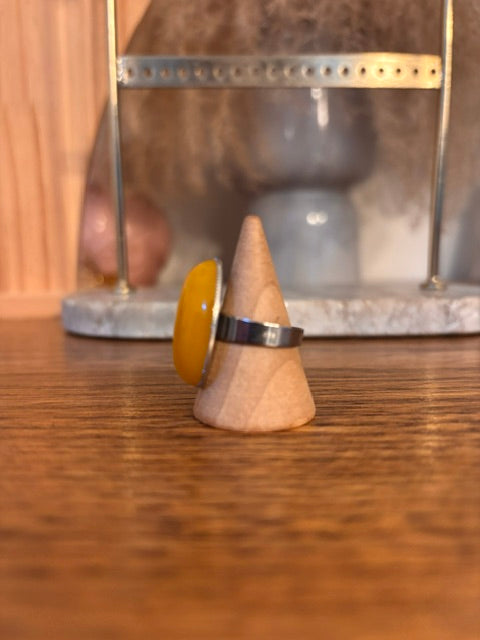 Bague Ambre Jaune – Monture Vintage Argentée Ajustable en Acier Inoxydable