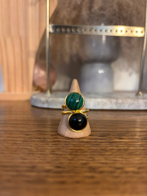Bague Double Dorée Ajustable – Obsidienne Noire & Malachite | Acier 316L