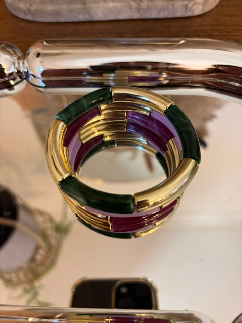 Trio de Bracelets Élastiques Bohème – Perles Tubes Incurvées Lilas, Violet & Vert Doré