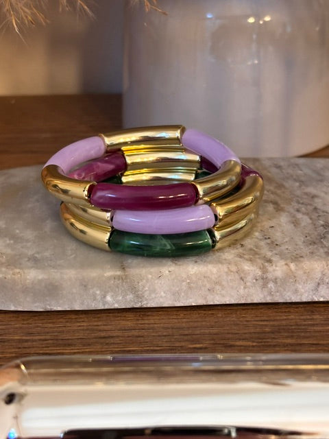 Trio de Bracelets Élastiques Bohème – Perles Tubes Incurvées Lilas, Violet & Vert Doré