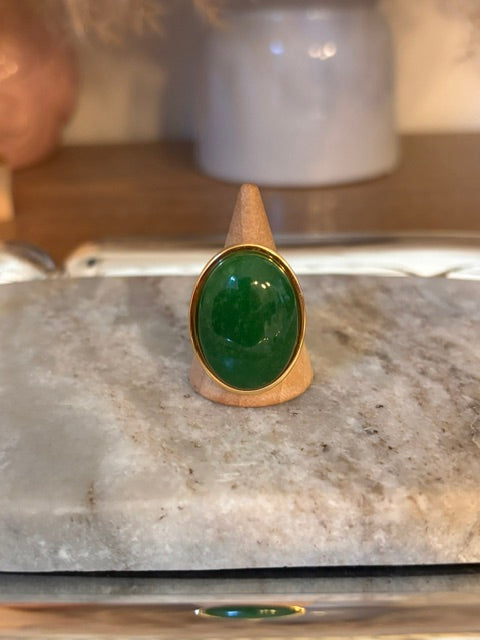 Bague Ajustable Dorée · Jade Impérial Naturel Cabochon Ovale 18x25mm · Acier Inoxydable 316L · Fait Main France