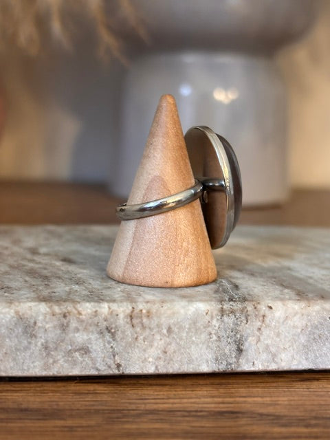 Bague Argentée Ajustable – Pierre de Lune Naturelle Cabochon 18x25 | Bijou Femme