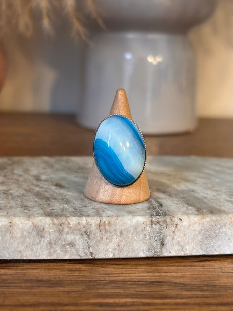 Bague Argentée Ajustable – Pierre Aventurine Bleue Cabochon 18x25 mm Effet Océan | Bijou Femme