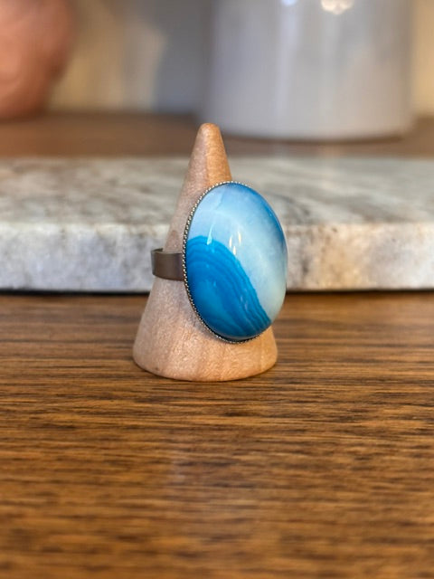 Bague Argentée Ajustable – Pierre Aventurine Bleue Cabochon 18x25 mm Effet Océan | Bijou Femme