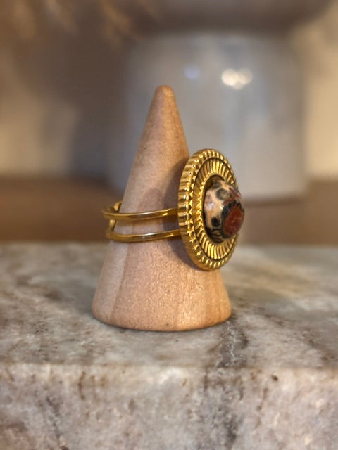 Bague Ajustable Jaspe Paysage Dorée | Acier Inoxydable 316L | Cabochon 10 mm | Fait Main France