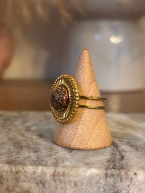 Bague Ajustable Jaspe Paysage Dorée | Acier Inoxydable 316L | Cabochon 10 mm | Fait Main France