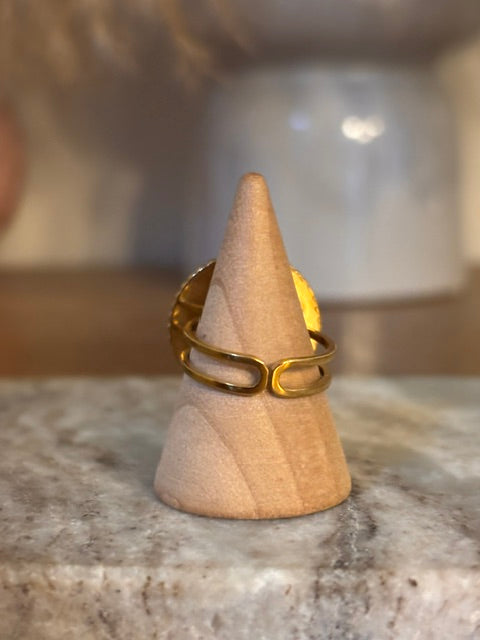 Bague Ajustable Jaspe Paysage Dorée | Acier Inoxydable 316L | Cabochon 10 mm | Fait Main France