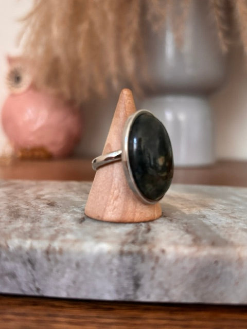 Bague Jaspe Océan Naturel Argentée Ajustable | Cabochon 18x25 mm | Acier Inoxydable | Sérénité & Équilibre | Lithothérapie | Fait Main France