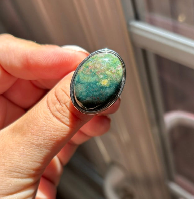 Bague Jaspe Océan Naturel Argentée Ajustable | Cabochon 18x25 mm | Acier Inoxydable | Sérénité & Équilibre | Lithothérapie | Fait Main France